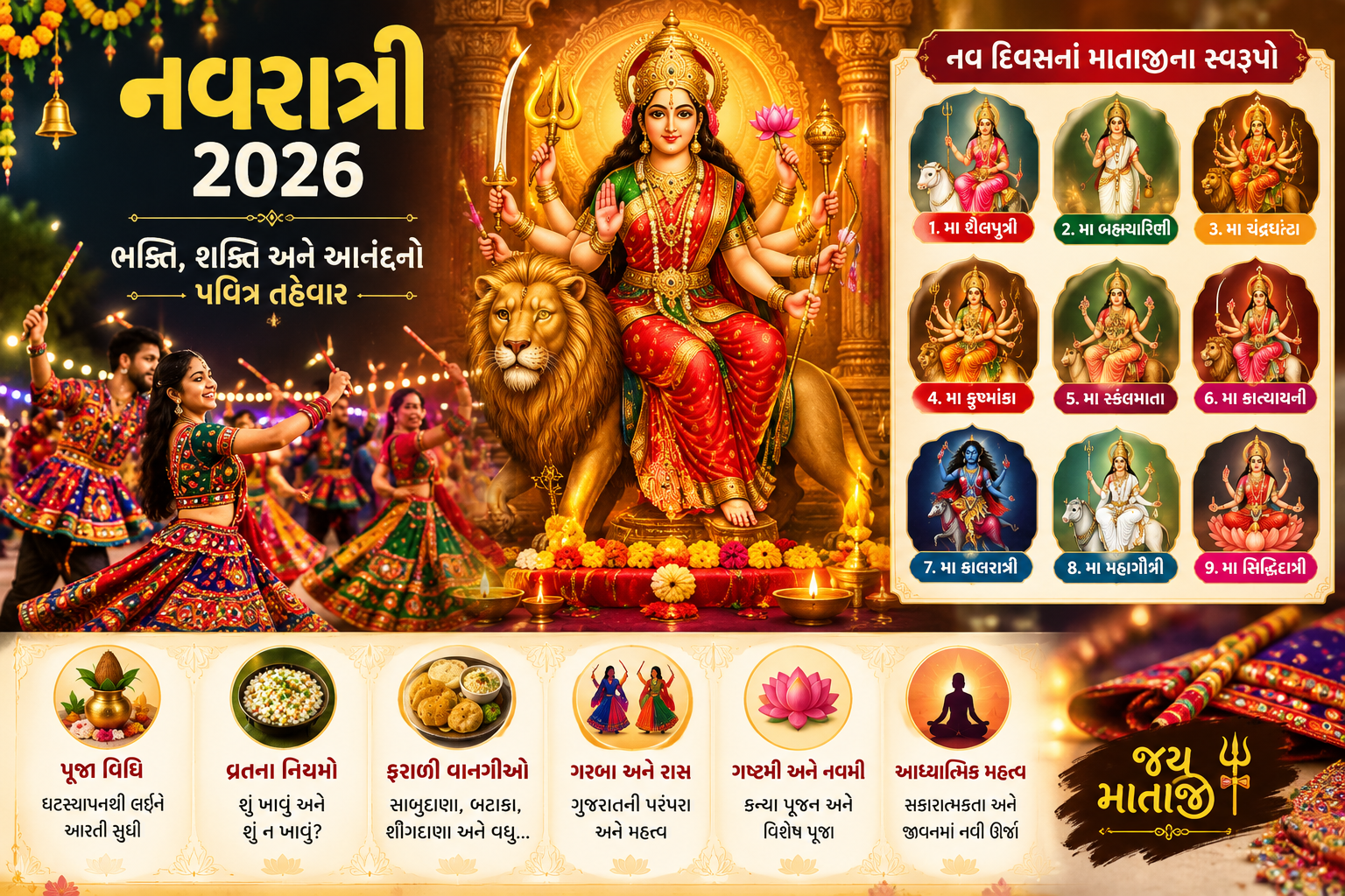 નવરાત્રી: મહત્વ, નવ દિવસના માતાજીનાં સ્વરૂપો, પૂજા વિધિ અને વ્રતના નિયમો